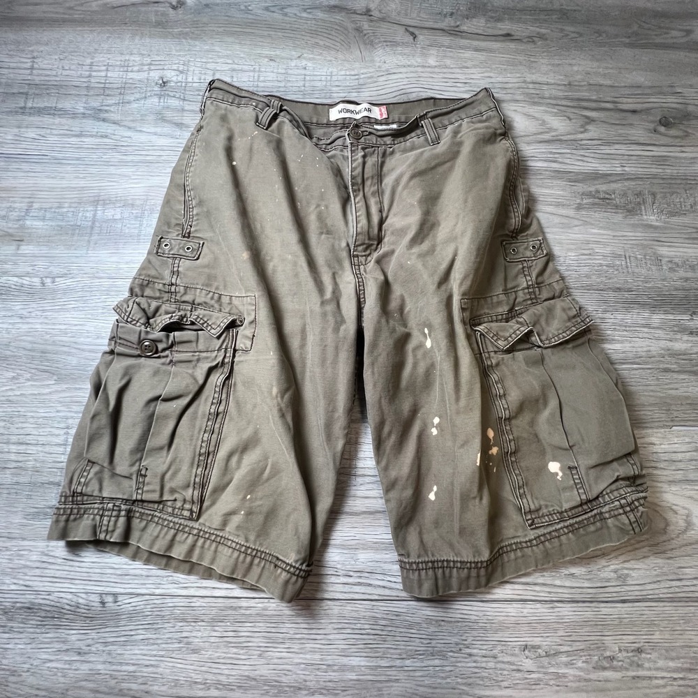 Levis Cargo Shorts Mens 32 Olive Green Workwear Bleach Distressed Cotton Utility